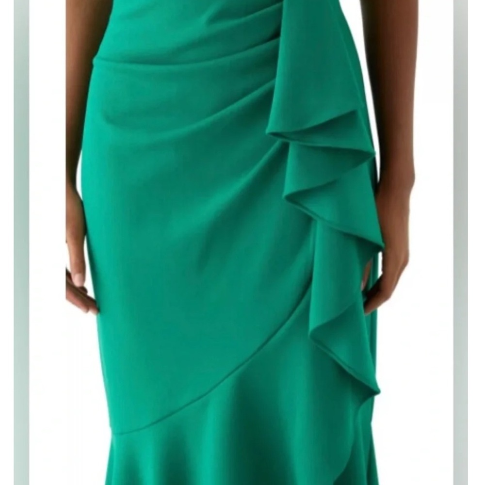 Adam Emerald Green High-Neck Ruffle High-Low Dress - Picture 3 of 6